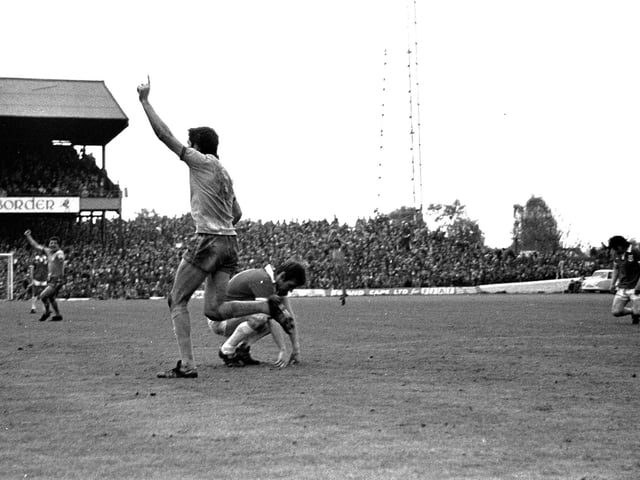 Ernie Moss celebrates scoring against Wrexham in May 1977.