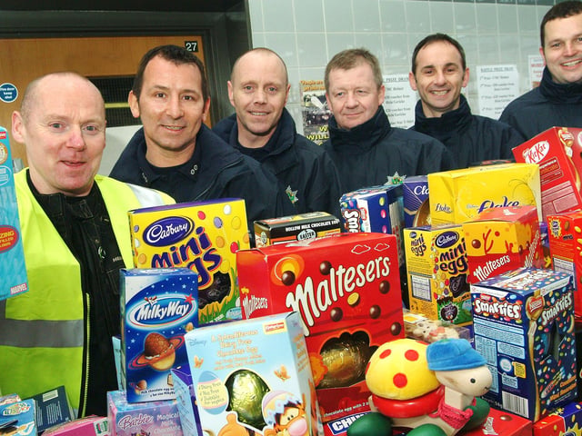 Some of the Mansfield Fire Station crew pictured with some of the hundreds of Easter eggs which were collected in 2008 when bike enthusiasts descended on the Rosemary Street station. From left, are event organiser Dave Storey, Mick Topping greenwatch manager and retained firemen Robert Wilson, Paul Holmes, Kev Mudd and Ian Garratt