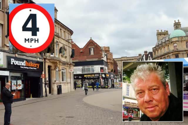A general view of Mansfield town centre. Inset: Peter Henson, who says speeding mobility scooters are a problem.