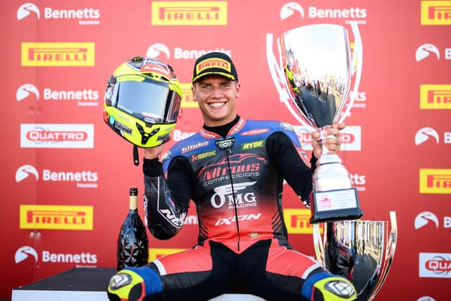 Kyle Ryde celebrates an opening race win at Thruxton. Photo by Michael Hallam.