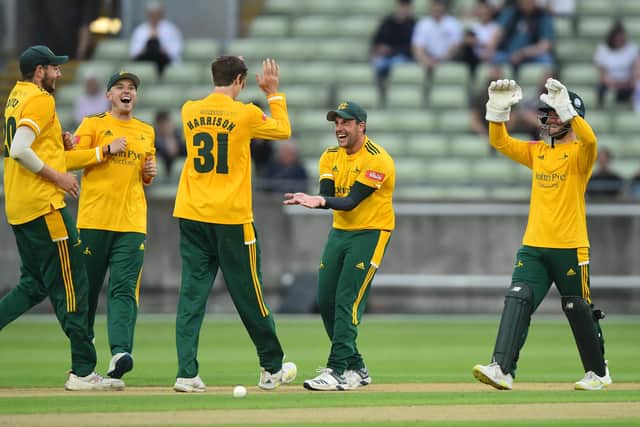Steven Mullaney celebrates after Calvin Harrison gets Danny Briggs out during the Vitality T20 Blast match between Birmingham Bears and Notts Outlaws. (Photo by Nathan Stirk/Getty Images)