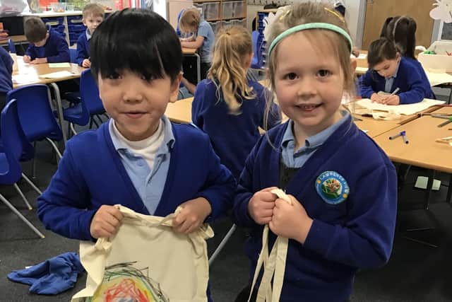 Year one students created gift bags for refugees. Pictured are Filip and Poppy.