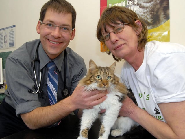 David Allen Manager/vet at Go Pet Hucknall and Rikki Hawkins from the Prevent unwanted pets group, examining Tess the cat as part of a promotion of a special offer for spaying cats. 2008.