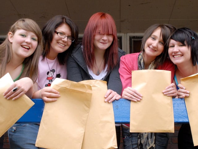 Pupils from Sutton Centre College celebrated their great GCSE results. From the left are Michaela Holmes, Catherine Wilkinson, Kimberley, Louise Wallace and Chloe Liffen. 2009.