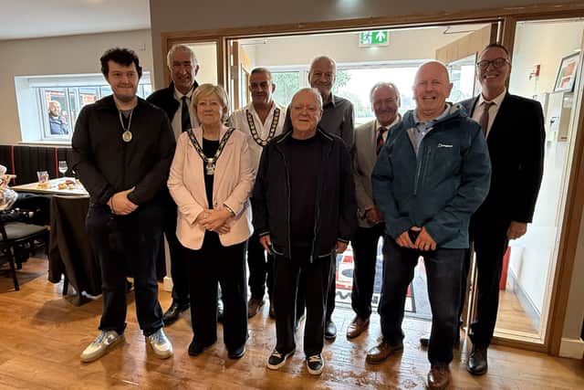 Representatives from Kimberley Miners’ Welfare Football Club, Kimberley Town Council, and Broxtowe Borough Council including Broxtowe Councillors Chris Carr, Andy Cooper, Milan Radulovic, and the Mayor, Barbara Carr.