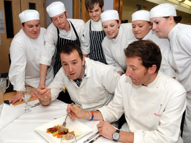 Catering Students at West Notts College in 2010 took part in a ready steady cook challenge. The Judges front are Troy Lamb of the Market, Michael Sindall No4 Students from the left are Scott Place, Lewis Bradley, Josh Adams, Kayleigh Atkin, Emma Davis and Amy Metcalfe.