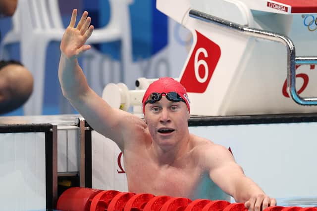 TOKYO, JAPAN - JULY 27: Tom Dean of Team Great Britain celebrates winning gold in the Men's 200m Freestyle Final on day four of the Tokyo 2020 Olympic Games at Tokyo Aquatics Centre on July 27, 2021 in Tokyo, Japan. (Photo by Maddie Meyer/Getty Images)
