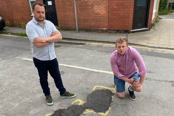 Coun Jason Zadrozny, left, and Coun Tom Hollis with a ViaFix road repair in Ashfield, which the Ashfield Indpendents say are 'botch jobs'.