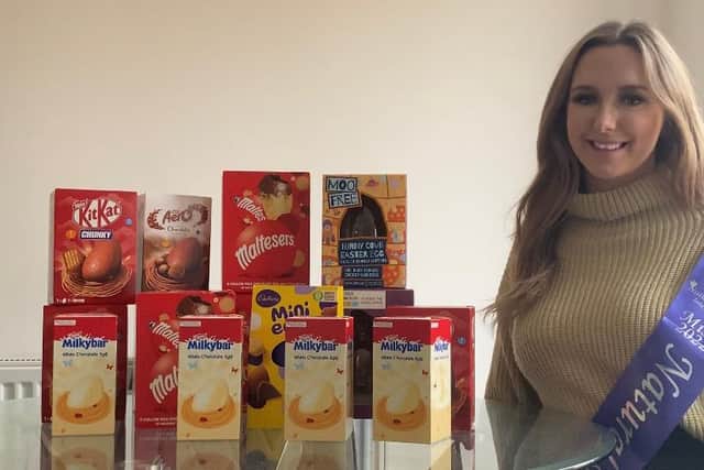 Nikita with some of the Easter eggs she has collected to give to children at King's Mill Hospital in Sutton.