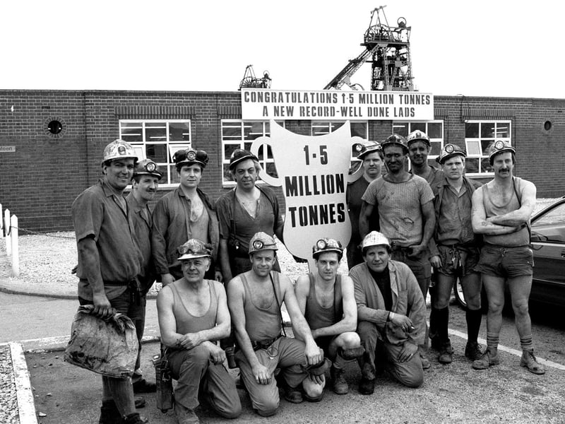 Ollerton Colliery April 1990. Face workers whom have mined over 1.5 million tonnes in the previous financial year surpassed their previous record of  1.305 million tonnes set the year before.