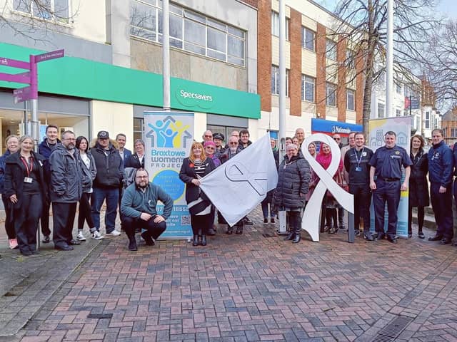 White Ribbon flag-rasing in Broxtowe with the mayor, deputy mayor, communities team and partners. Photo: Submitted
