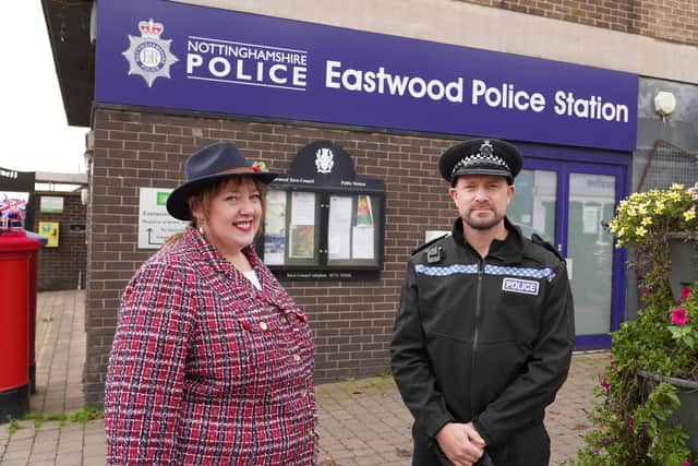 Nottinghamshire PCC Caroline Henry and Inspector Mike Ebbins outside Eastwood Police Station.