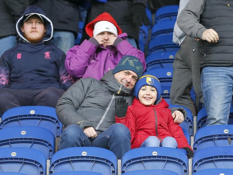 Mansfield Town fans ahead of kick-off against Salford on 25 Feb 2023.