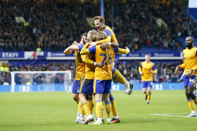 Hillsborough delight for Stags as George Lapslie celebrates his first half goal with tram mates. Photo by Chris Holloway / The Bigger Picture.media