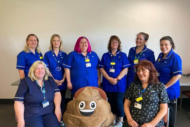Nottinghamshire Healthcare's Learning Disability Primary Care Liaison team, Nottingham City and County, with honorary member of the team Peter Poo (named by children from a local special school). They use Peter to engage with people talking about bowel screening and normal poo during community engagement.