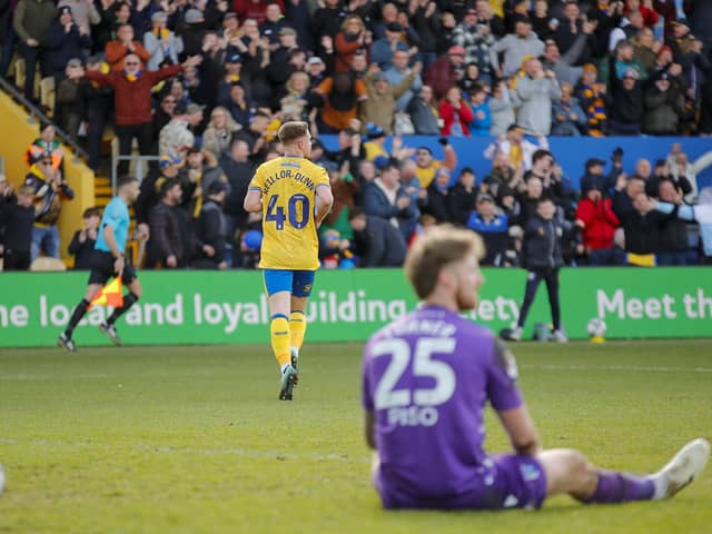 Stags score during the Sky Bet League 2 match against Gillingham FC at the One Call Stadium on Saturday 20 April 2024.Photo credit Chris& Jeanette Holloway / The Bigger Picture.media