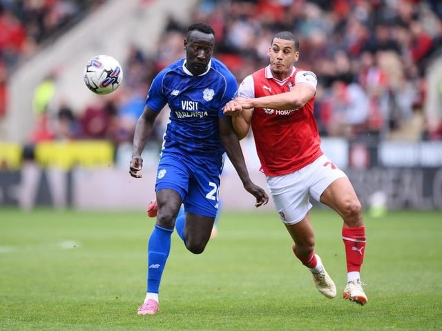 ROTHERHAM, ENGLAND - MAY 04: Famara Diedhiou of Cardiff City is challenged by Lee Peltier of Rotherham Unitedduring the Sky Bet Championship match between Rotherham United and Cardiff City at AESSEAL New York Stadium on May 04, 2024 in Rotherham, England. (Photo by Ben Roberts Photo/Getty Images) : Last club: Rotherham UnitedPosition: Defender