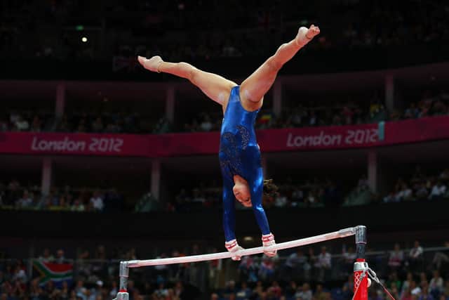 Beth Tweddle on the uneven bars in the London Olympics.