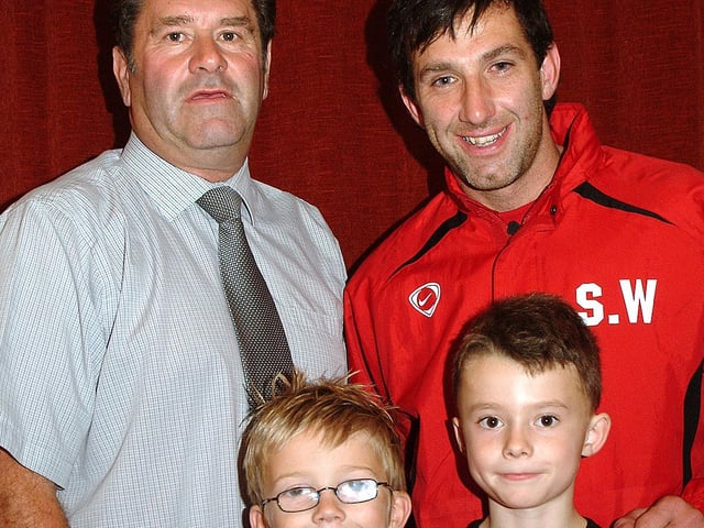Chad Youth League Team of the Month for October.  Pictured are (front left to right)  Keaton Ward and Curtis Burton of Blidworth Welfare Under 8s with (back right) coach Simon Ward and (back left) David Palmer from the Mansfield Youth League. 2007.