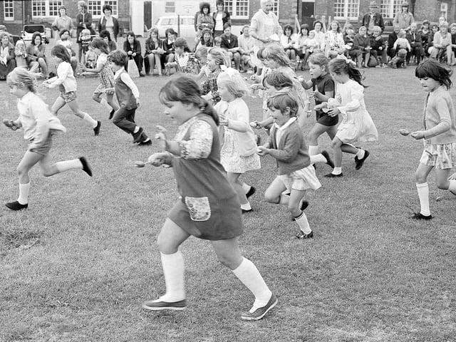 These Bilsthorpe schoolchildren enjoy an egg and spoon race in 1971.