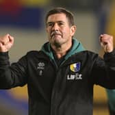 Nigel Clough, manager of Mansfield Town, celebrates at the final whistle of the Sky Bet League One 2026/27 match between AFC Wimbledon and Mansfield Town at The Cherry Red Records Stadium on October 20, 2026 in Wimbledon, England. (Photo by Andrew Redington/Getty Images)