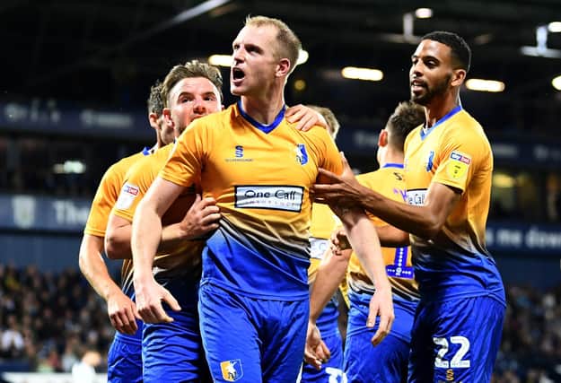 Neal Bishop celebrates an equaliser for Mansfield Town during the Carabao Cup Second Round match at West Brom in 2018. Stags would go on to lose 2-1.