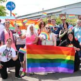 Students and staff from the college’s construction and engineering centres get set for their Pride walk, joined by volunteers from Ashfield Voluntary Action.