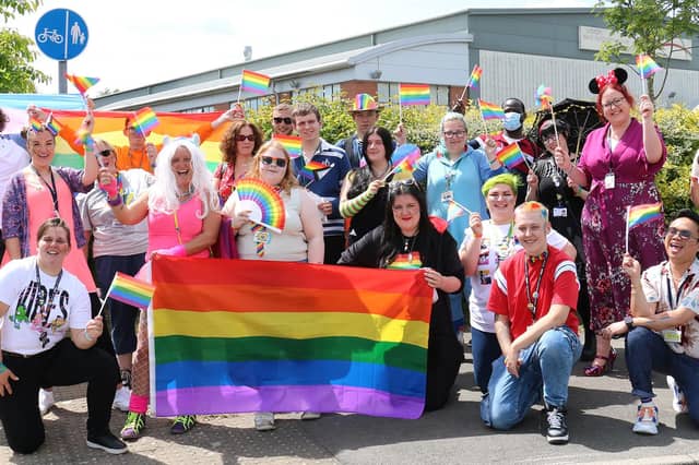 Students and staff from the college’s construction and engineering centres get set for their Pride walk, joined by volunteers from Ashfield Voluntary Action.