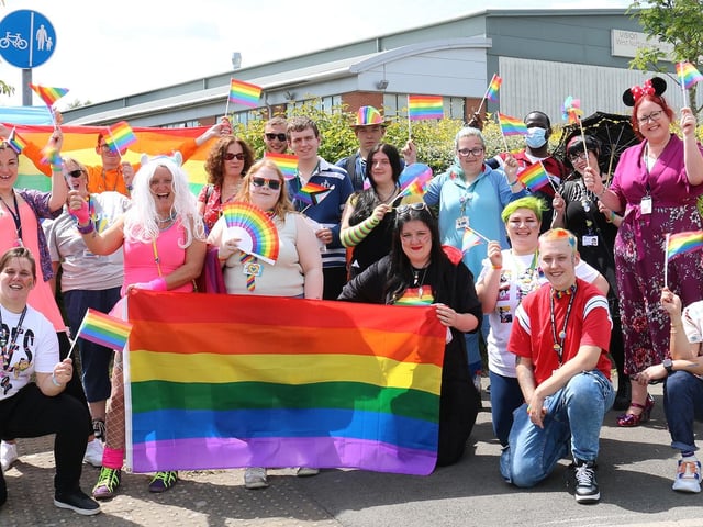 Students and staff from the college’s construction and engineering centres get set for their Pride walk, joined by volunteers from Ashfield Voluntary Action.