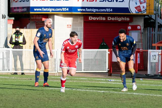 James Tilley scored in stoppage time to sink Mansfield at Crawley. Picture by Jamie Evans