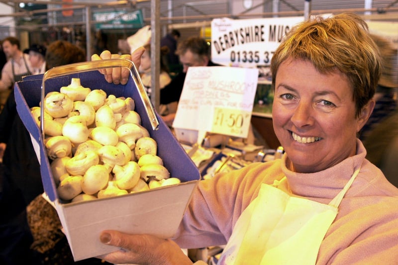 Janet Monk of Monk's Mushrooms pictured at Bakewell Farmer's Market in 2001