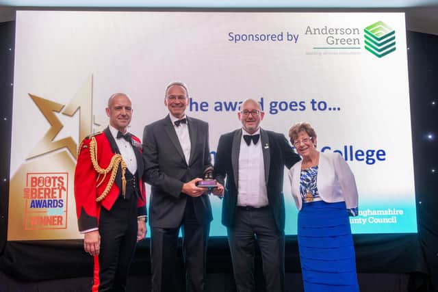 West Notts College principal and chief executive Andrew Cropley is pictured with, from left, guest of honour Brigadier Adam Fraser-Hitchen ADC DL, Deputy Commander (Reserves) 3rd (UK) Division, Adam Keightley, of award sponsor Anderson Green, and Nottinghamshire County Council’s Madam Chairman, Cllr Jan Goold.