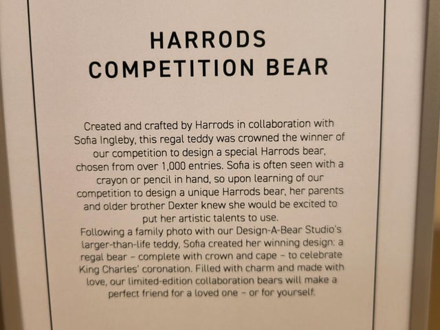 A certificate of authenticity. The bear was created and crafted by Harrods in collaboration with Sofia Ingleby.