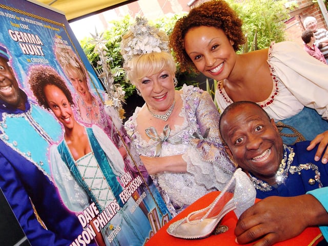 The Palace Theatre Pantomime launch at AndWhyNot, Leeming Street, Mansfield. Cinderella Gemma Hunt, Jean Fergusson as the fairy Godmother and Dave Benson Phillips as Buttons.