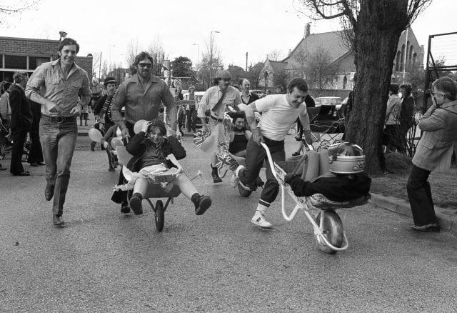 The wheelbarrow race through Forest Town was a popular occasion.