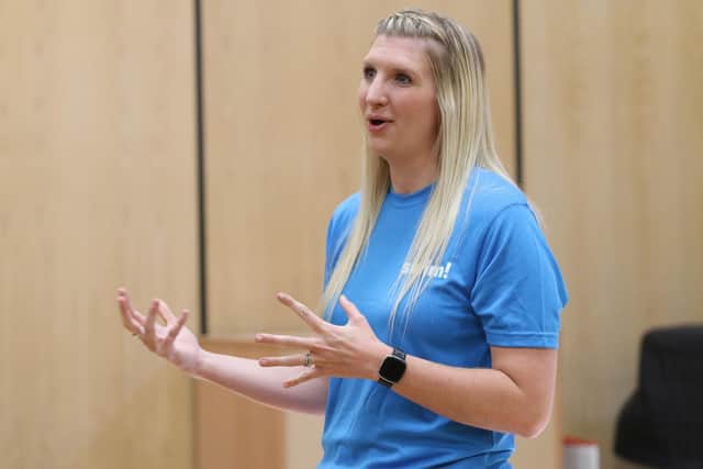 Former Olympic swimmer Rebecca Adlington answers questions from children during her visit to Crescent Primary School in Mansfield.