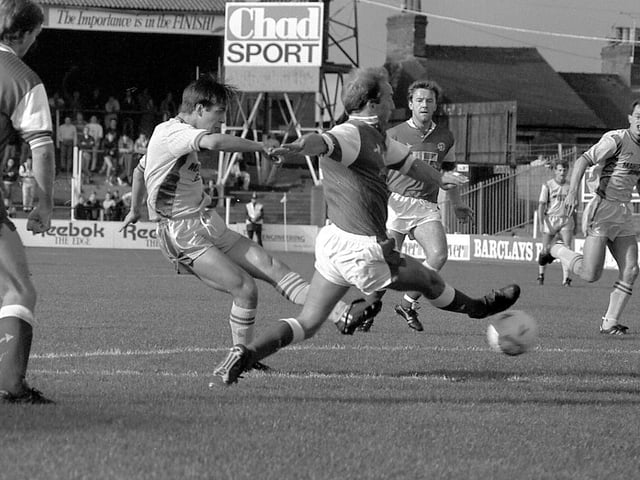 Ian Stringfellow gets a shot away against Walsall in the October 1989 2-0 home defeat.