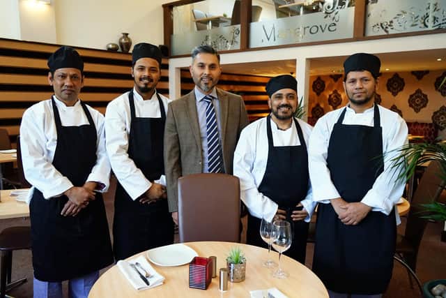 Mangrove Indian on Dame Flogan Street Mansfield. Owner Runu Ahad and his chefs.