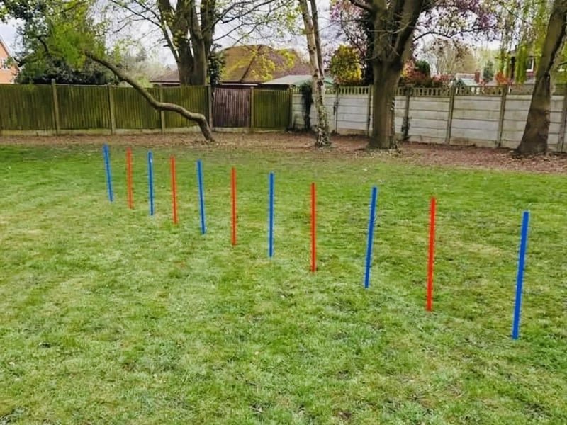 Currently, the garden includes an agility set for visiting dogs, featuring weaving poles and hoops. A dog pool will be available during the summer months.