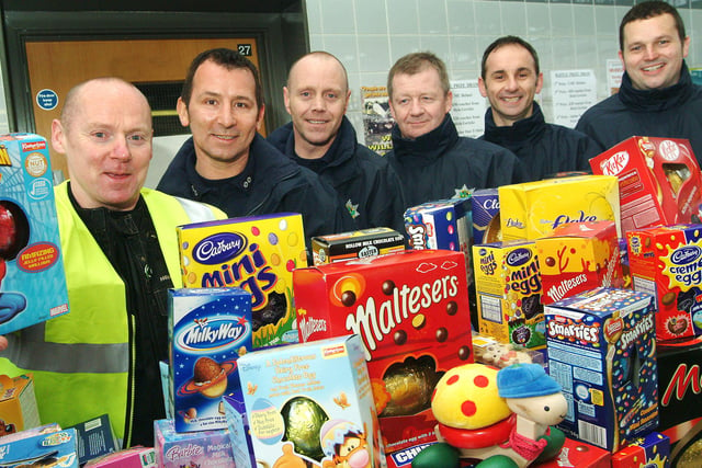 Mansfield Fire Station crew pictured with some of the hundreds of Easter eggs which were collected when bike enthusiasts descended on the Rosemary Street station from Nottingham.  
From left, are event organiser Dave Storey, Mick Topping Greenwatch manager and retained firemen Robert Wilson, Paul Holmes, Kev Mudd and Ian Garratt