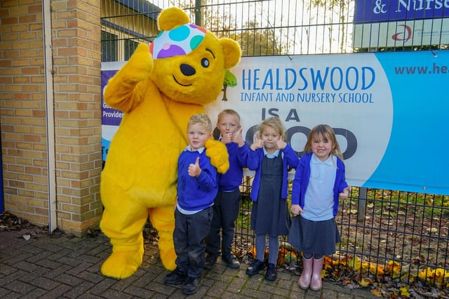 Pudsey visits Healdswood infant and nursery school. Pudsey seen with reception pupils
