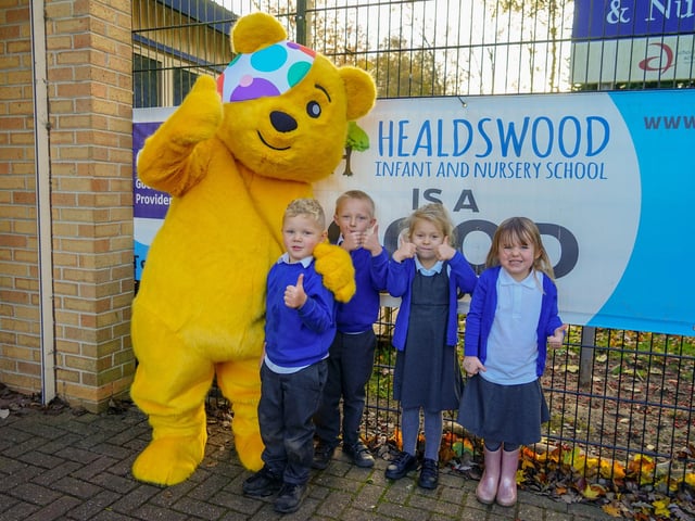 Pudsey visits Healdswood infant and nursery school. Pudsey seen with reception pupils