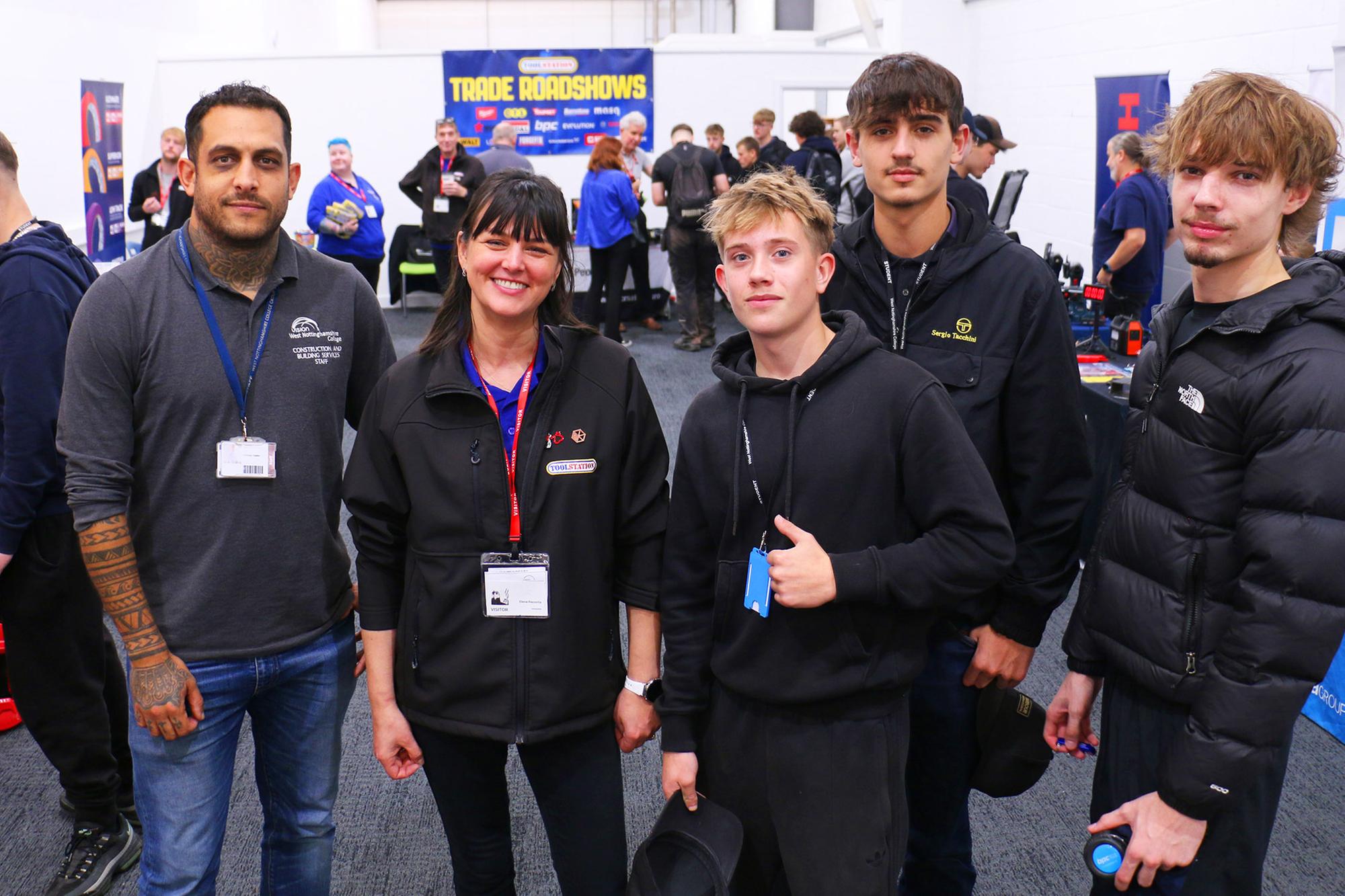 (Left to right) plumbing teacher Matthew Taylor and Toolstation’s business development manager Elena Racovita with students Kian Manley, Ben Cheetham and Lakelan Manning