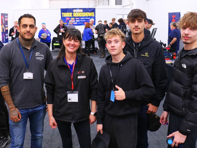 (Left to right) plumbing teacher Matthew Taylor and Toolstation’s business development manager Elena Racovita with students Kian Manley, Ben Cheetham and Lakelan Manning
