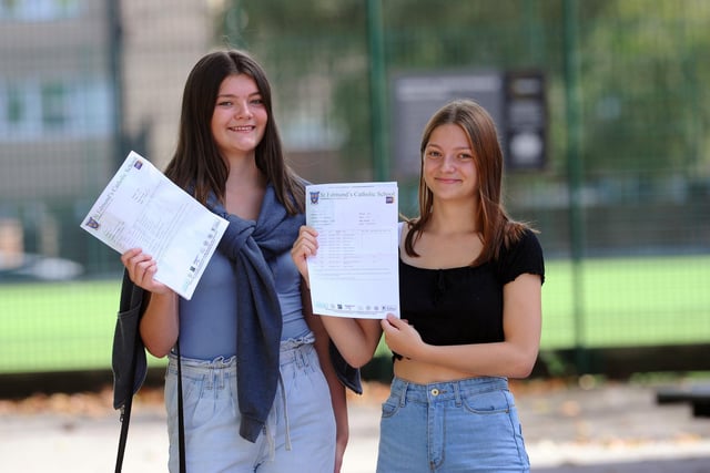 Twins (l-r) Carys Gunfield who got four 4s, two 6s and one 5 and Lily Gunfield both (16) who got four 4s, two 5s and one 6 with their results at St Edmund's Catholic School. Picture: Sarah Standing (200820-6275)