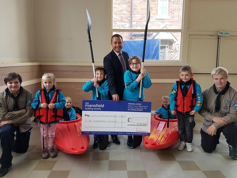 Mansfield Building Society’s Community Support scheme donated £500 to 1st Clipstone Scout Group to fund kayak equipment including lifejackets, safety helmets and emergency throw lines.