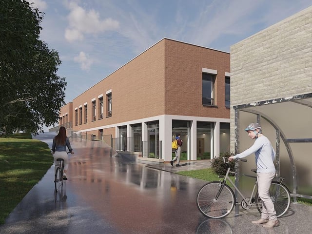 Side elevation of the new skills hub, with Paulson’s Drive to the left.