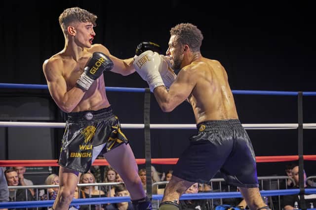 Will Bingham (left) in action in his fight with Tyreece Richards. Photo: Inclusive Photography