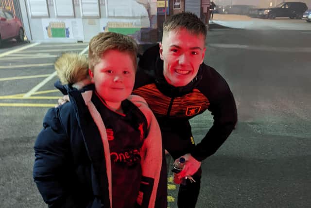 Stags goalkeeper Nathan Bishop meets his number one fan, eight-year-old Edward Morrell, of Kirkby, after the win over Walsall last month.