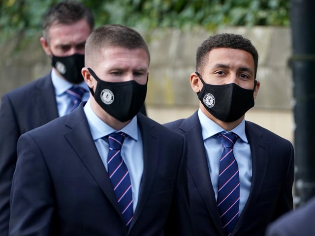 Rangers captain James Tavernier (right) attends the memorial service at Glasgow Cathedral with team mate John Lundstram.